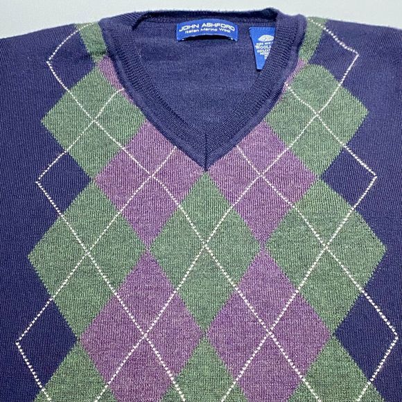 John Ashford Sweater Mens XXL Merino Wool Blue Argyle V-Neck Italy Golf Vintage - Picture 3 of 8